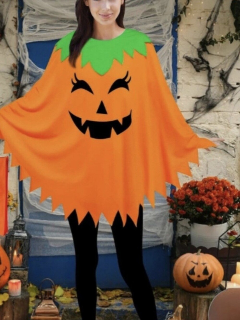 Orange Pumpkin Poncho Women's Costume with Green Collar